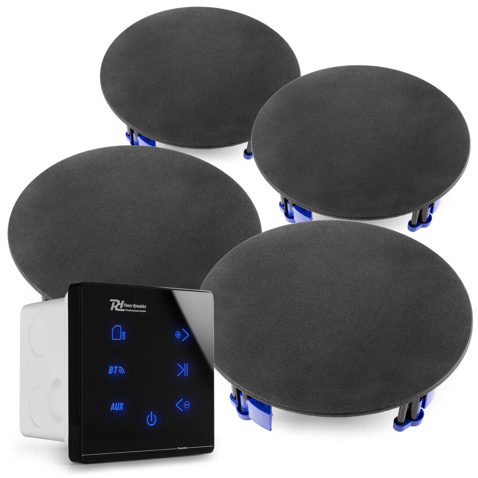 Power Dynamics Powerline A50B Set met inbouw audio versterker en 4 plafondspeakers - Zwart