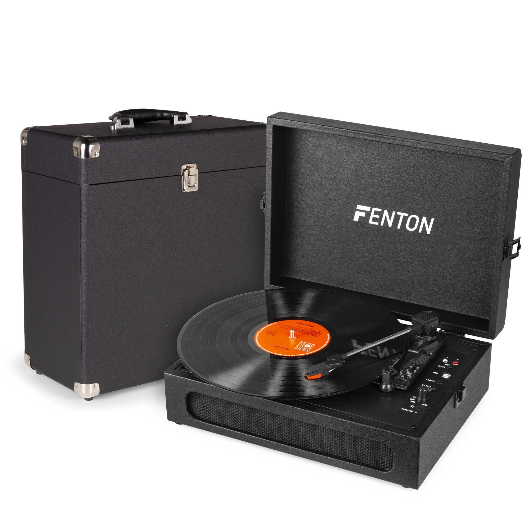 Fenton RP118B Retro platenspeler met platenkoffer - LP speler met speakers - Bluetooth in/out - Zwart