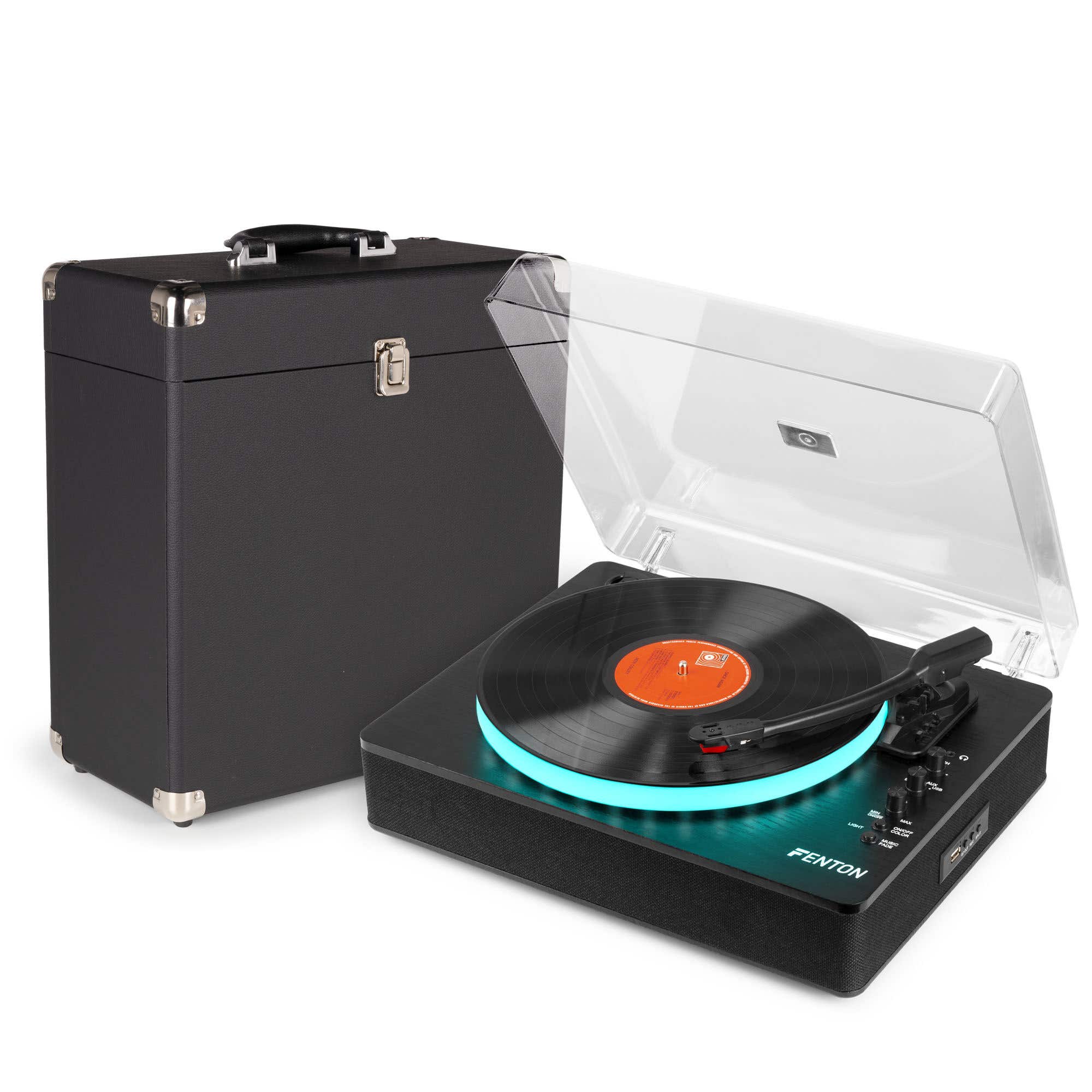 Fenton RP162LED platenspeler met platenkoffer - LP speler met speakers - Bluetooth in/out - LED-ring - Zwart