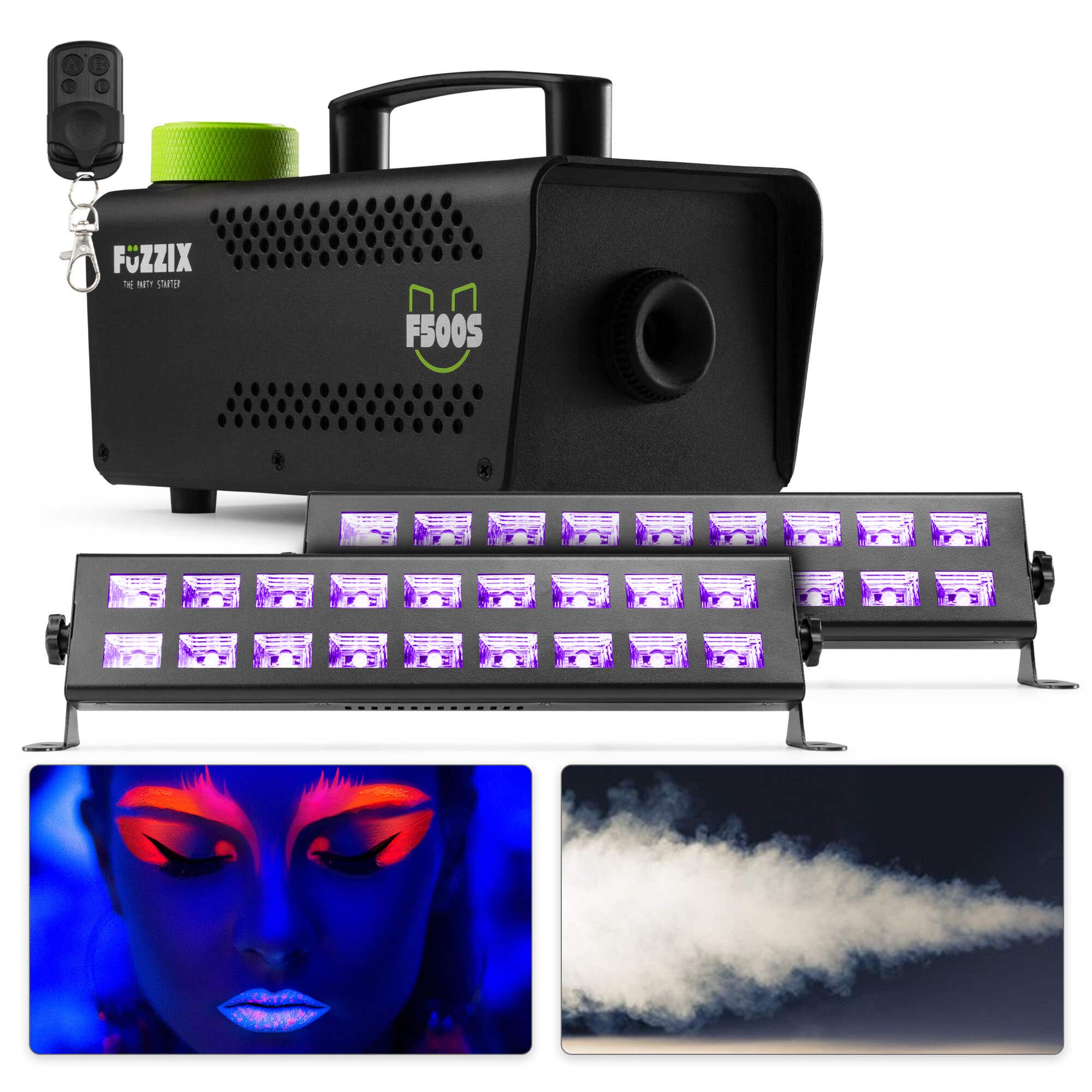 BeamZ neon licht partyset - Set met 2 krachtige neon lights en rookmachine - 18x 3W UV blacklights 