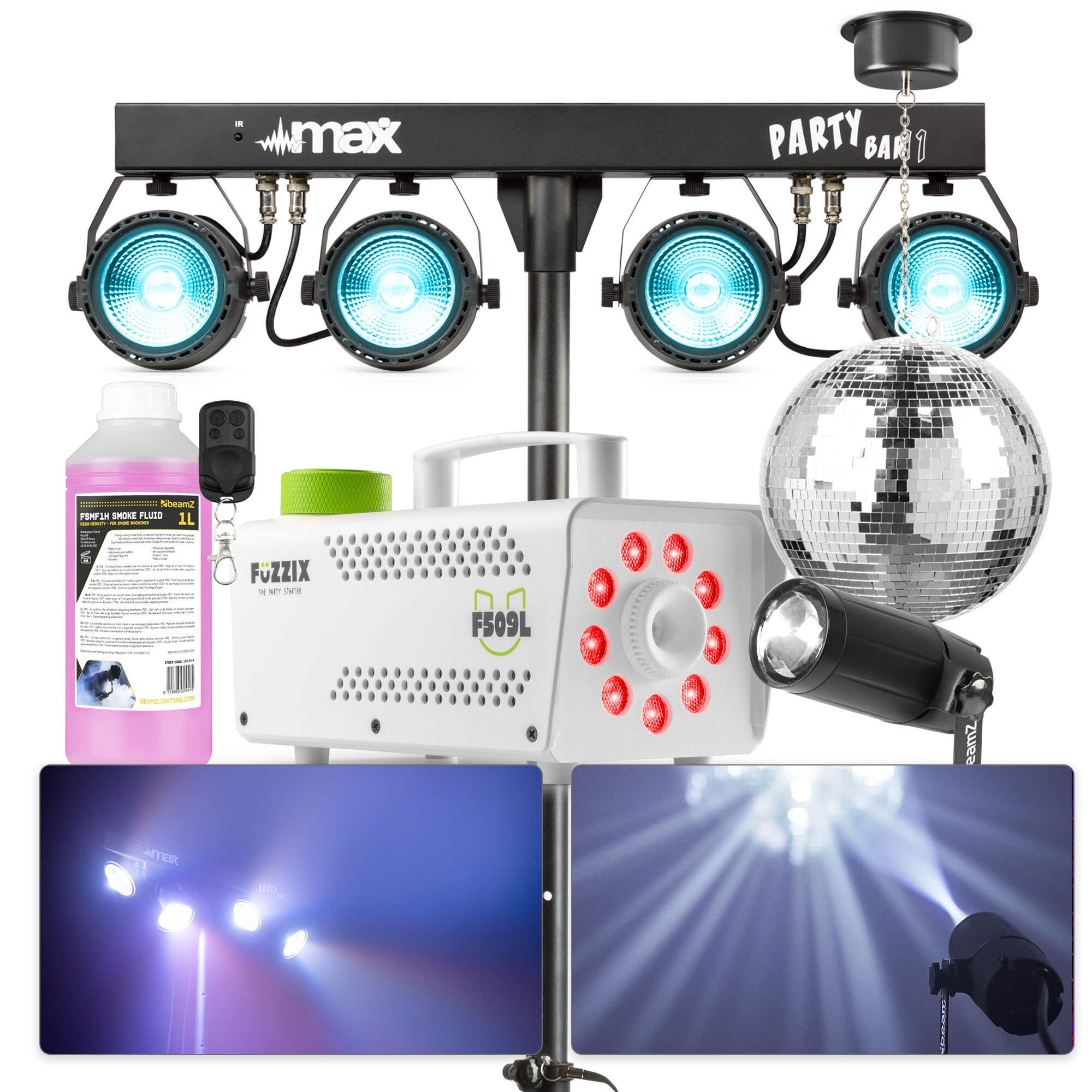 BeamZ complete disco partyset - Met discobal, partybar en rookmachine - RGBW multicolor LED’s