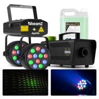 BeamZ lichtset met laser, PAR spots en 500W rookmachine met 5 liter rookvloeistof