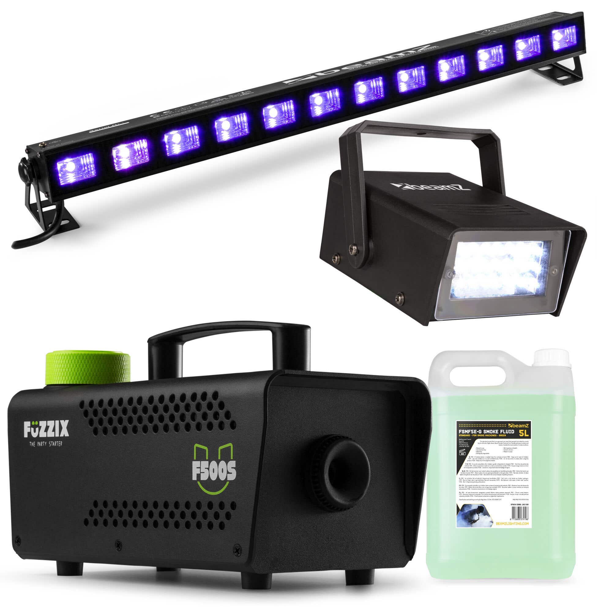 BeamZ complete Halloween lichtset - Met stroboscoop, blacklight bar en rookmachine met 5L vloeistof