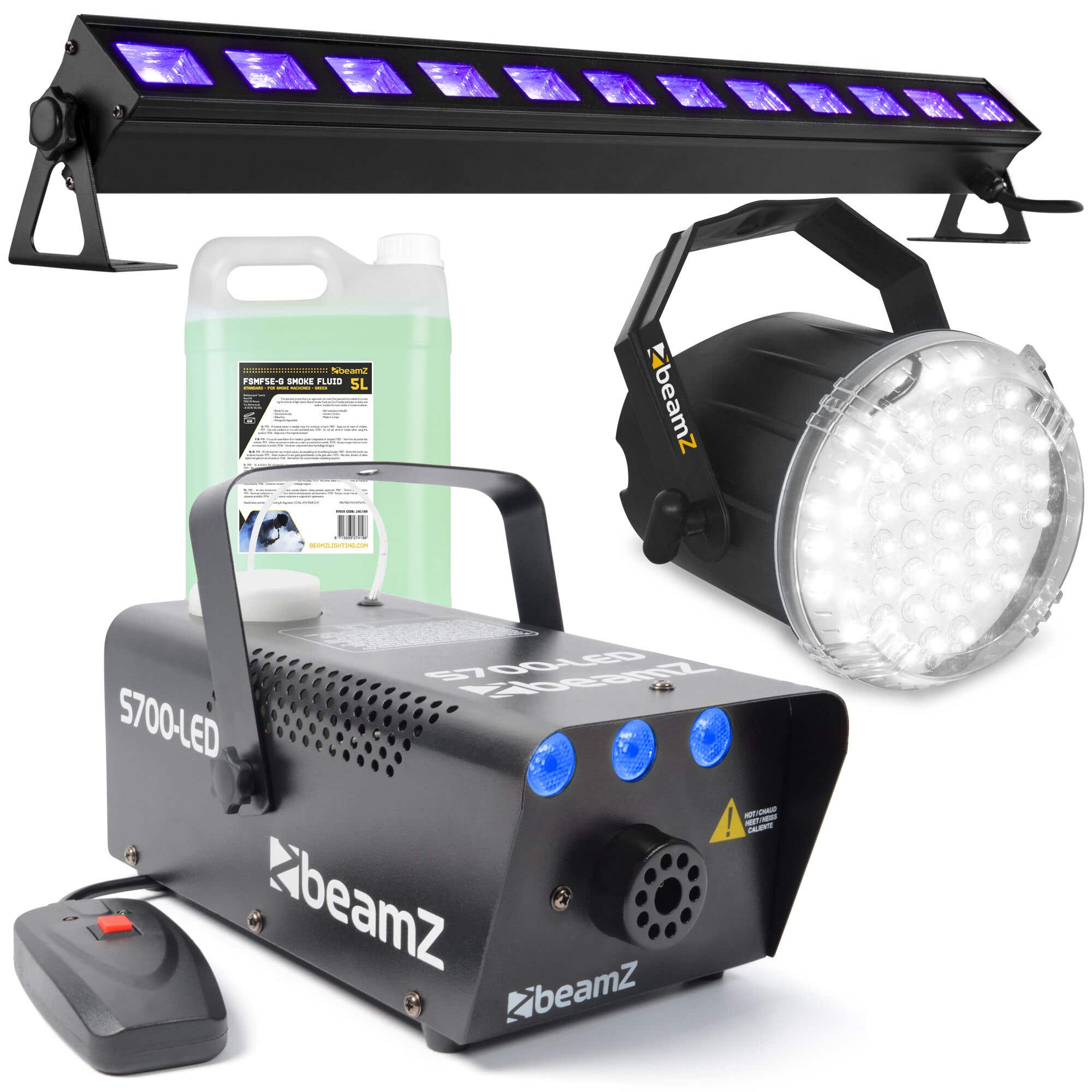 BeamZ Complete Halloween lichtset - Met ijs-effect rookmachine, stroboscoop, UV-bar en 5L vloeistof