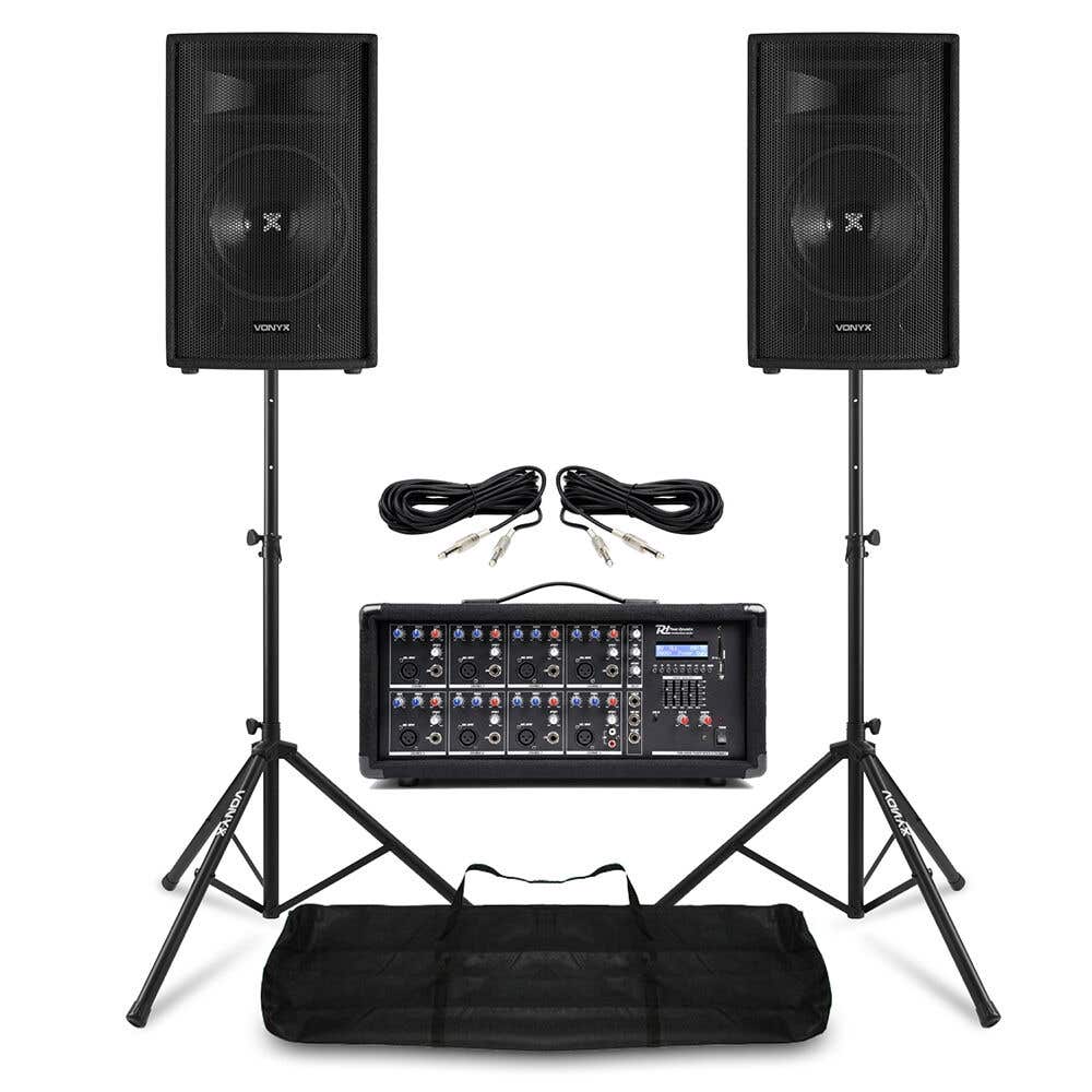 Vonyx PA system - Complete geluidsinstallatie met PA speakers, 8 kanaals mixer en statieven - 800W