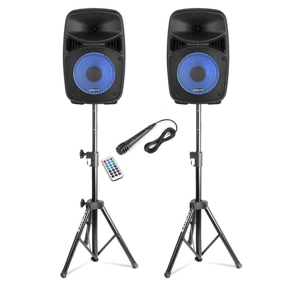 Vonyx VPS082A disco speakerset - Speakers met statieven en microfoon - Ideaal voor disco en karaoke