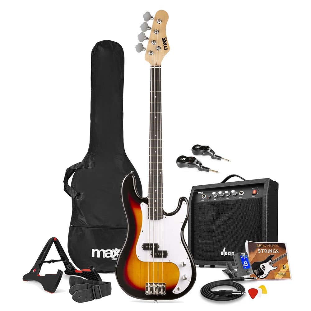 MAX GigKit draadloze basgitaar set - Met zender en ontvanger - Inclusief alle accessoires - 4/4 - Sunburst