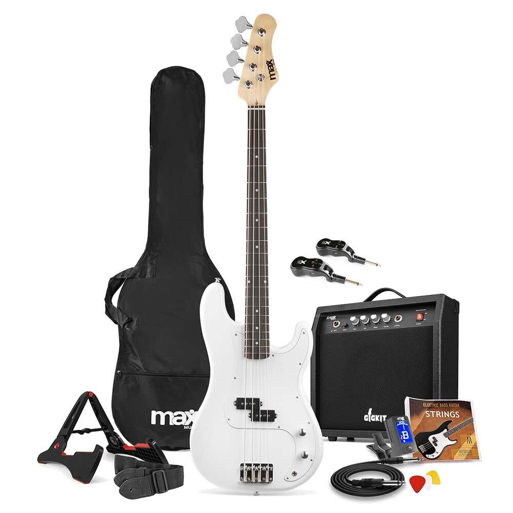 MAX GigKit draadloze basgitaar set - Met zender en ontvanger - Inclusief alle accessoires - 4/4 - Wit