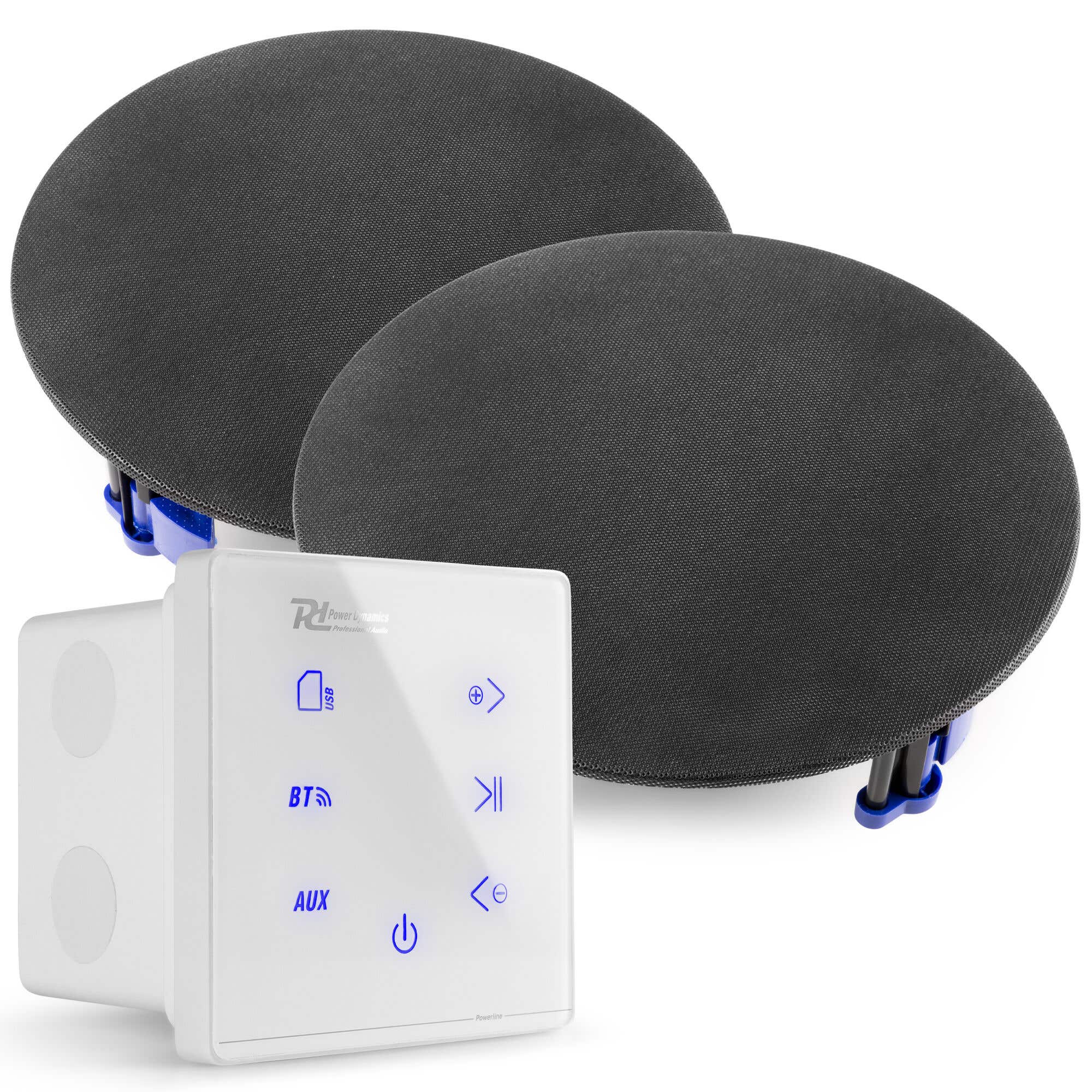 Power Dynamics Powerline A50W Set met witte inbouw versterker en 2 zwarte plafondspeakers