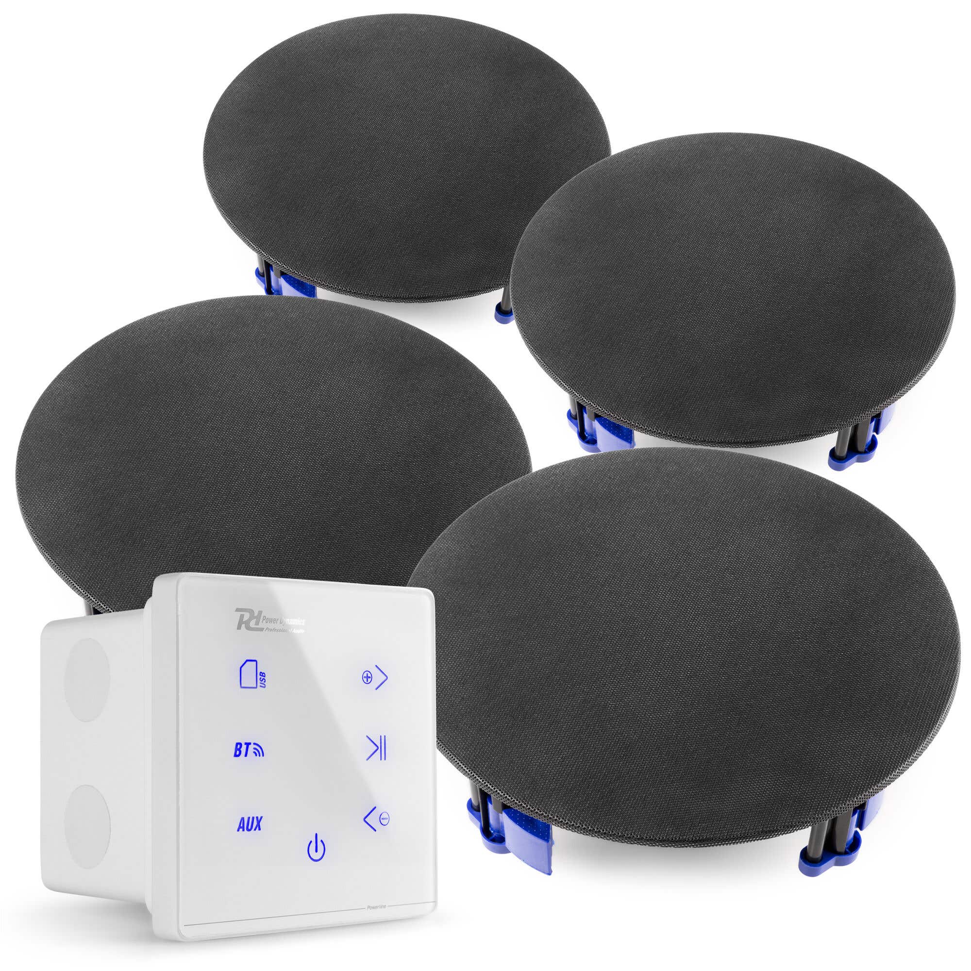 Power Dynamics Powerline A100W Set met witte inbouw versterker en 4 zwarte plafondspeakers