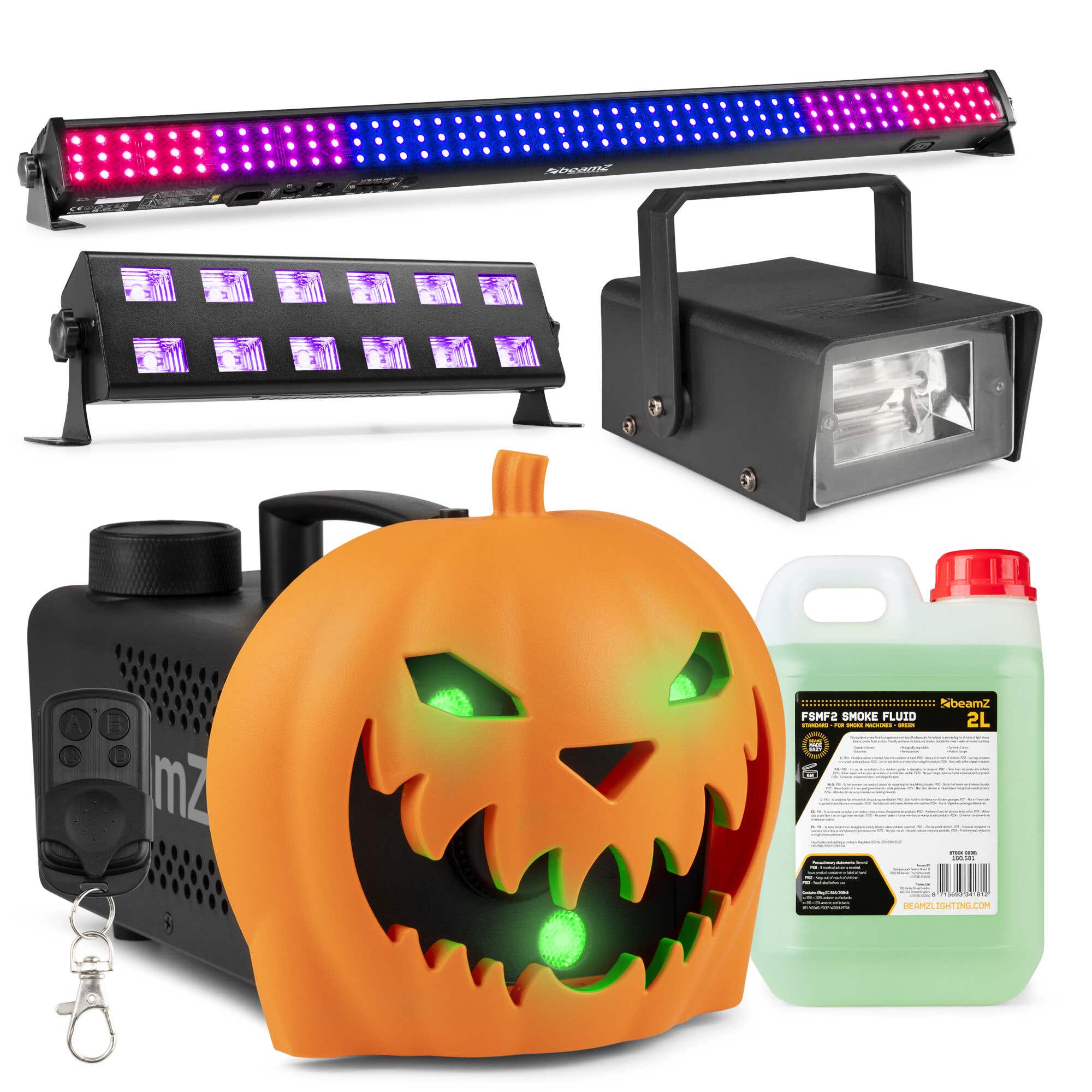 BeamZ Halloween rookmachine set XL - Pompoen rookmachine - Met LED bar, blacklight en 2L vloeistof
