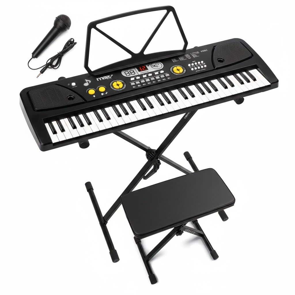 MAX KD61 Keyboard piano - Keyboard met standaard en bankje - Met 61 toetsen en accu - Zwart