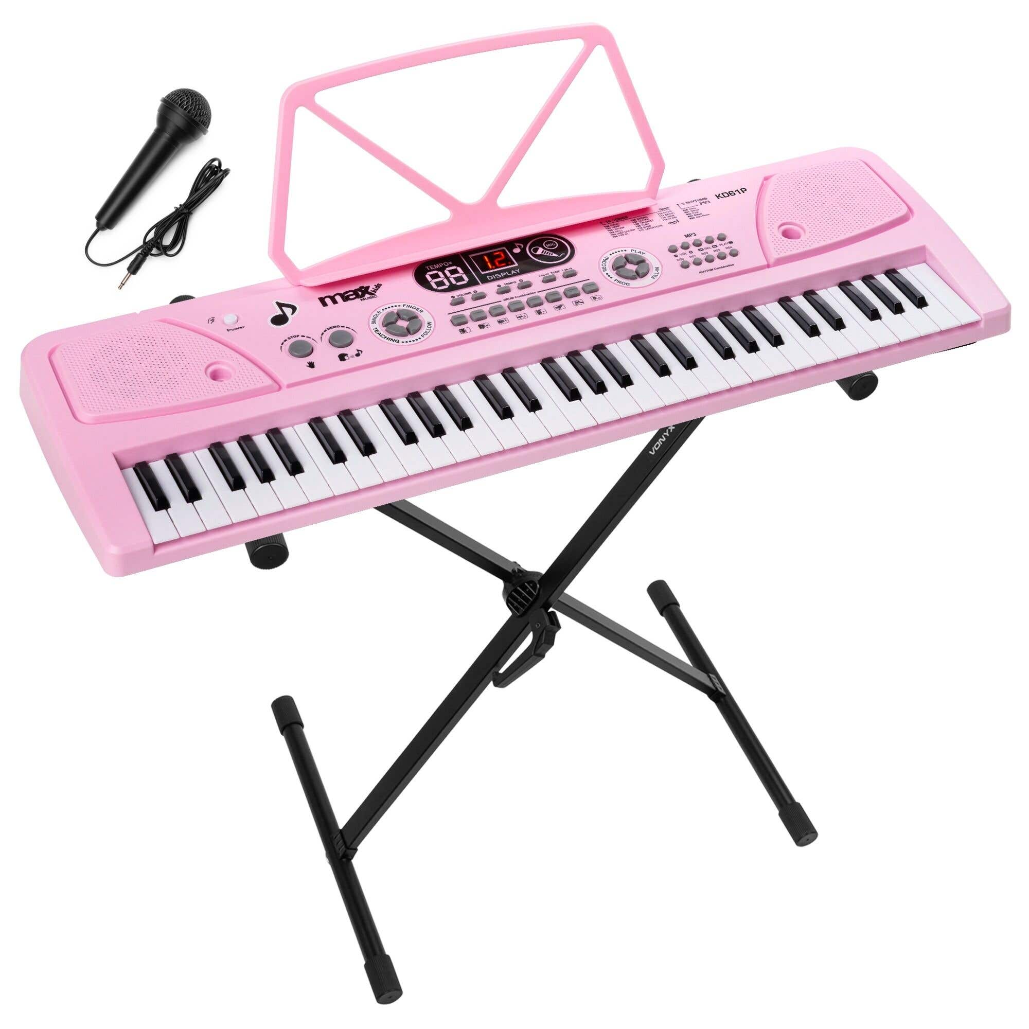 MAX KD61P Keyboard piano - Keyboard met standaard - Kinderpiano met 61 toetsen en accu - Roze 