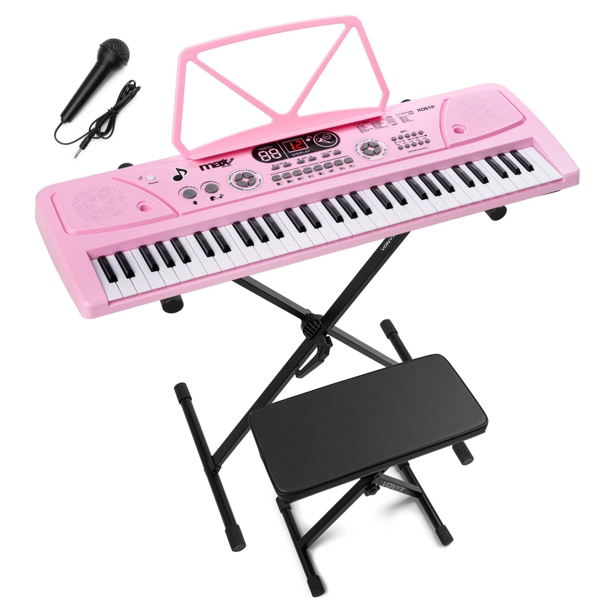 MAX KD61P Keyboard piano - Keyboard met standaard en bankje - Met 61 toetsen en accu - Roze