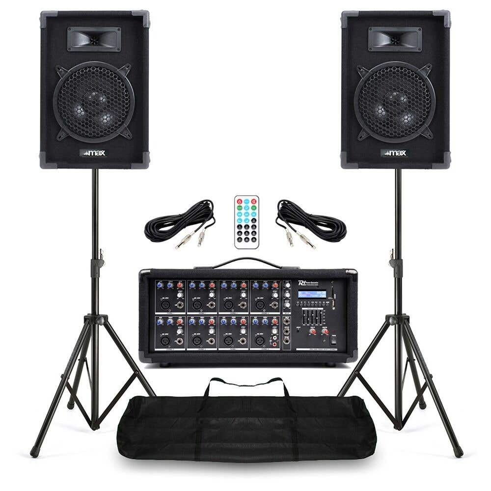 Kleine geluidsset voor bands PA Systeem met 8 inch speakers - 8 kanaals PA Mixer & statieven