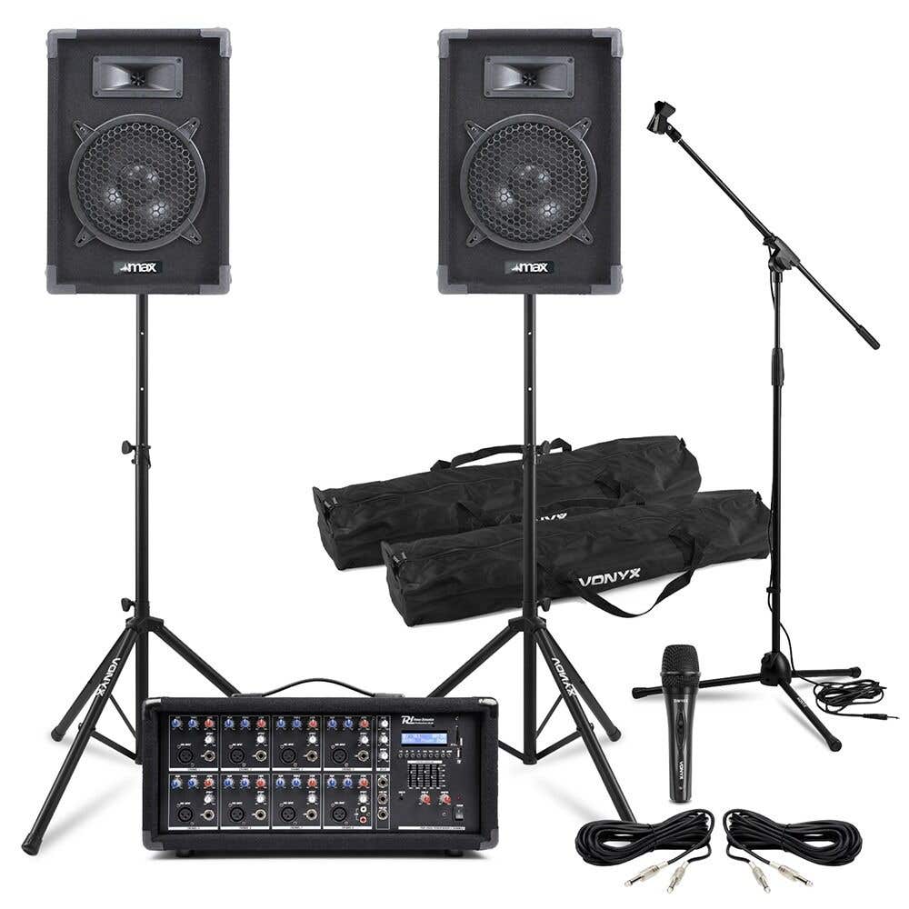 Complete geluidsset voor bands met 8 inch speakers, 8-kanaals Mixer, Microfoon & Statieven