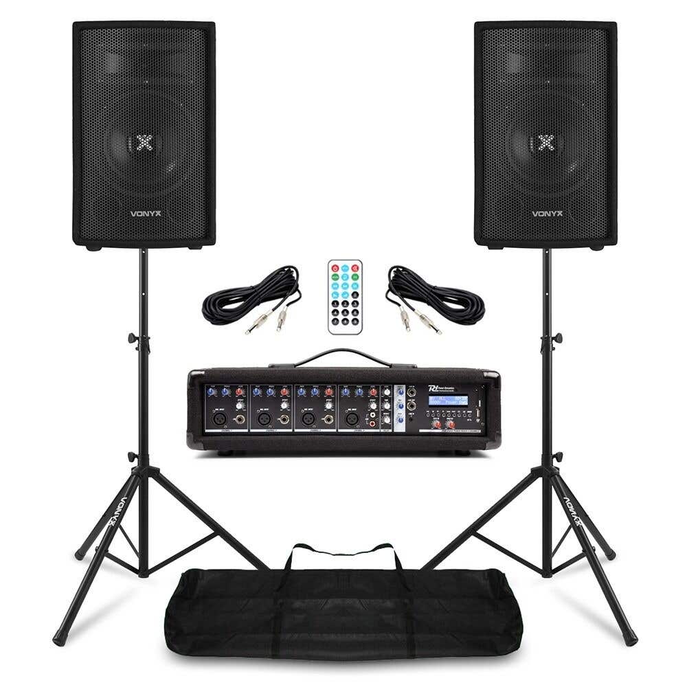 PA set voor beginnende bands met 8 inch speakers en mixer met ingebouwde versterker