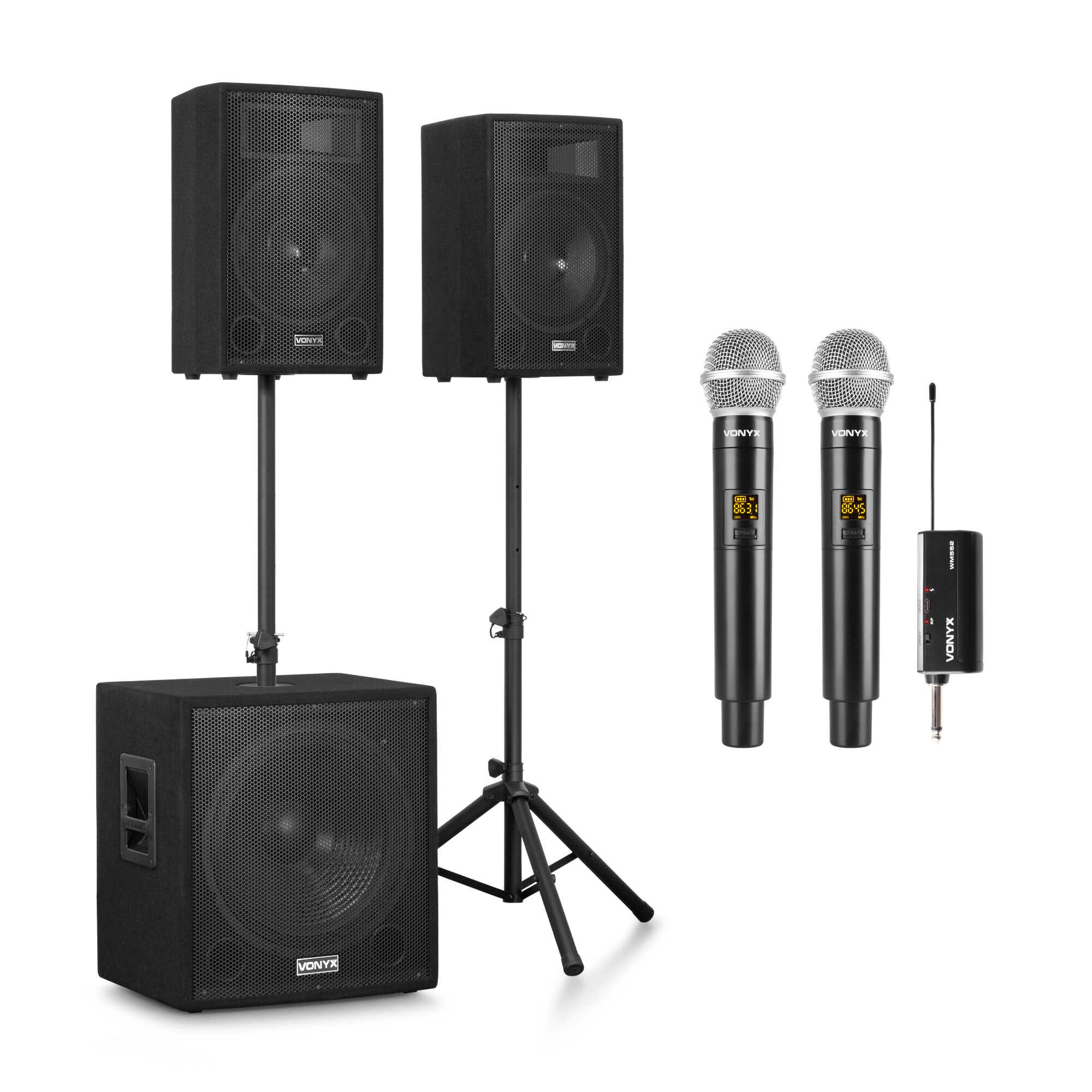 Vonyx Pro Karaoke set - Complete set met karaoke speakers, subwoofer en 2 draadloze microfoons - 1200W