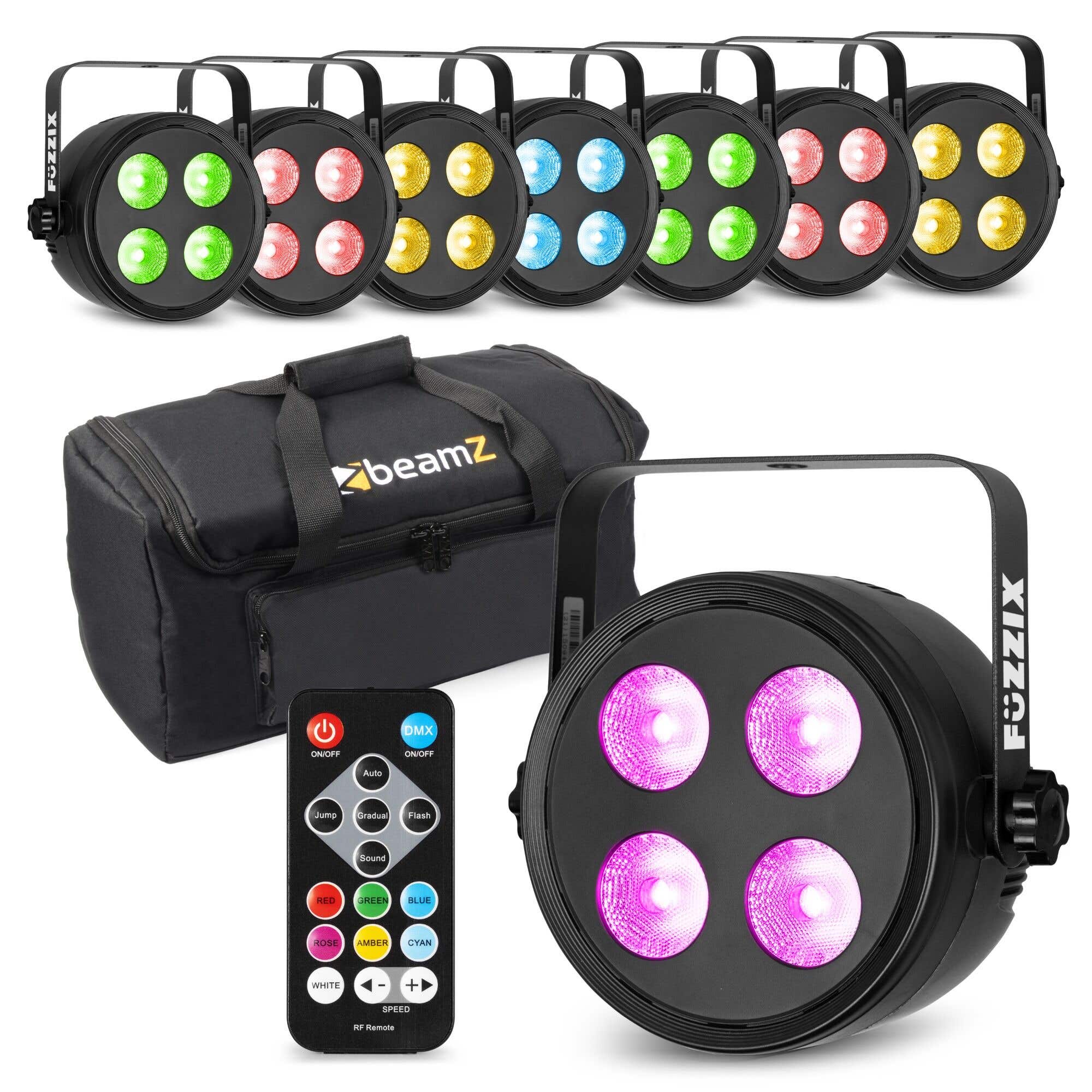 Fuzzix set van 8 PLF20 Party LED parren in flightbag - 4x 12W LED’s - Met DMX en afstandsbediening