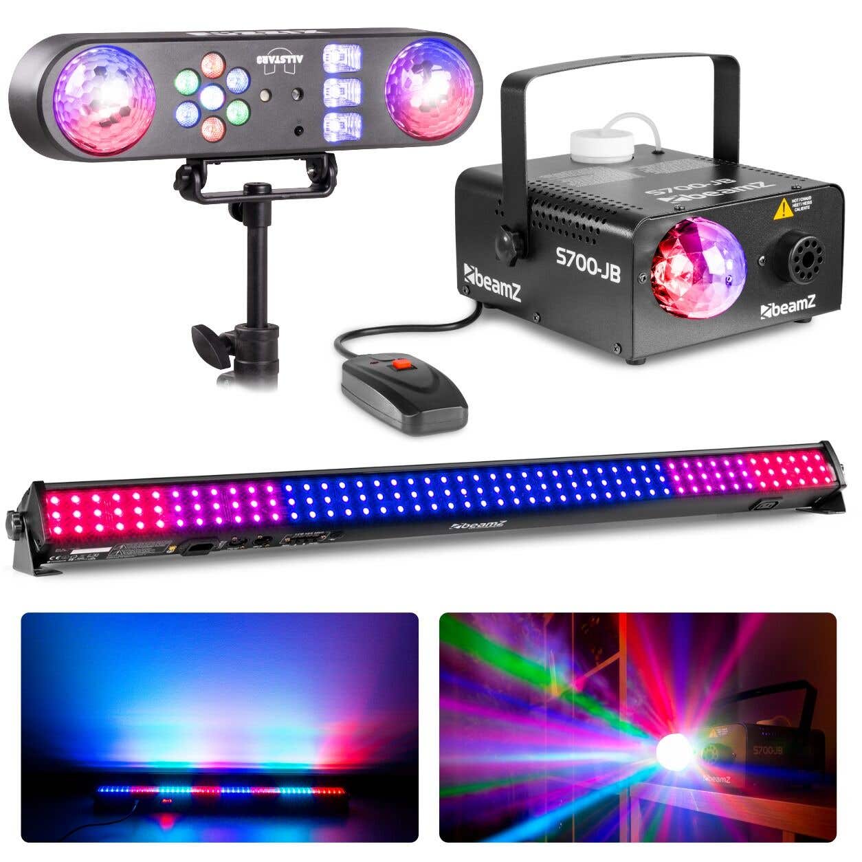 BeamZ Vrijmibo lichtset - Met discolamp op statief, LED bar en rookmachine met jelly ball - RGB