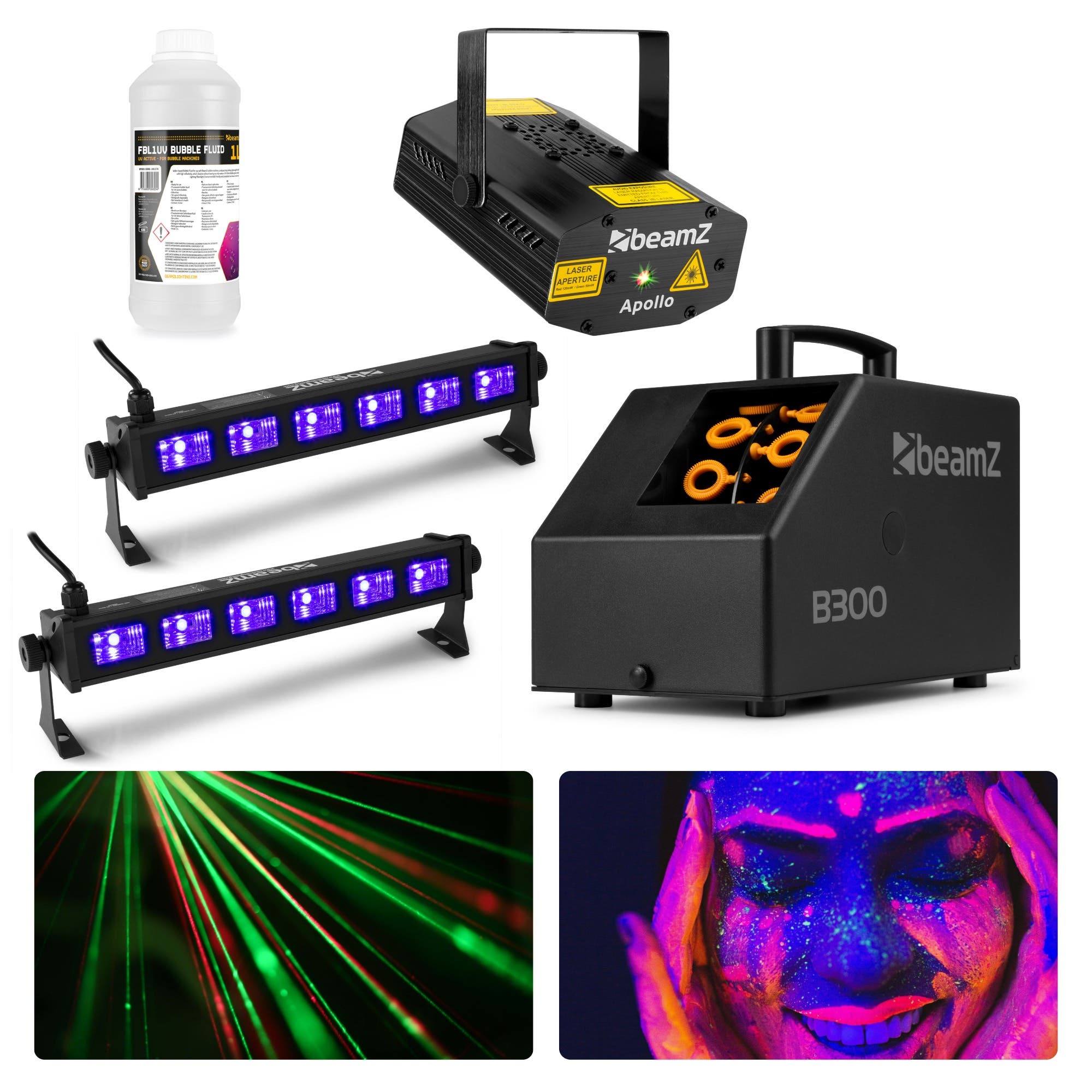 BeamZ Neon verlichting - Neon thema partyset met laser, UV-bars en bellenblaasmachine - Pakket S
