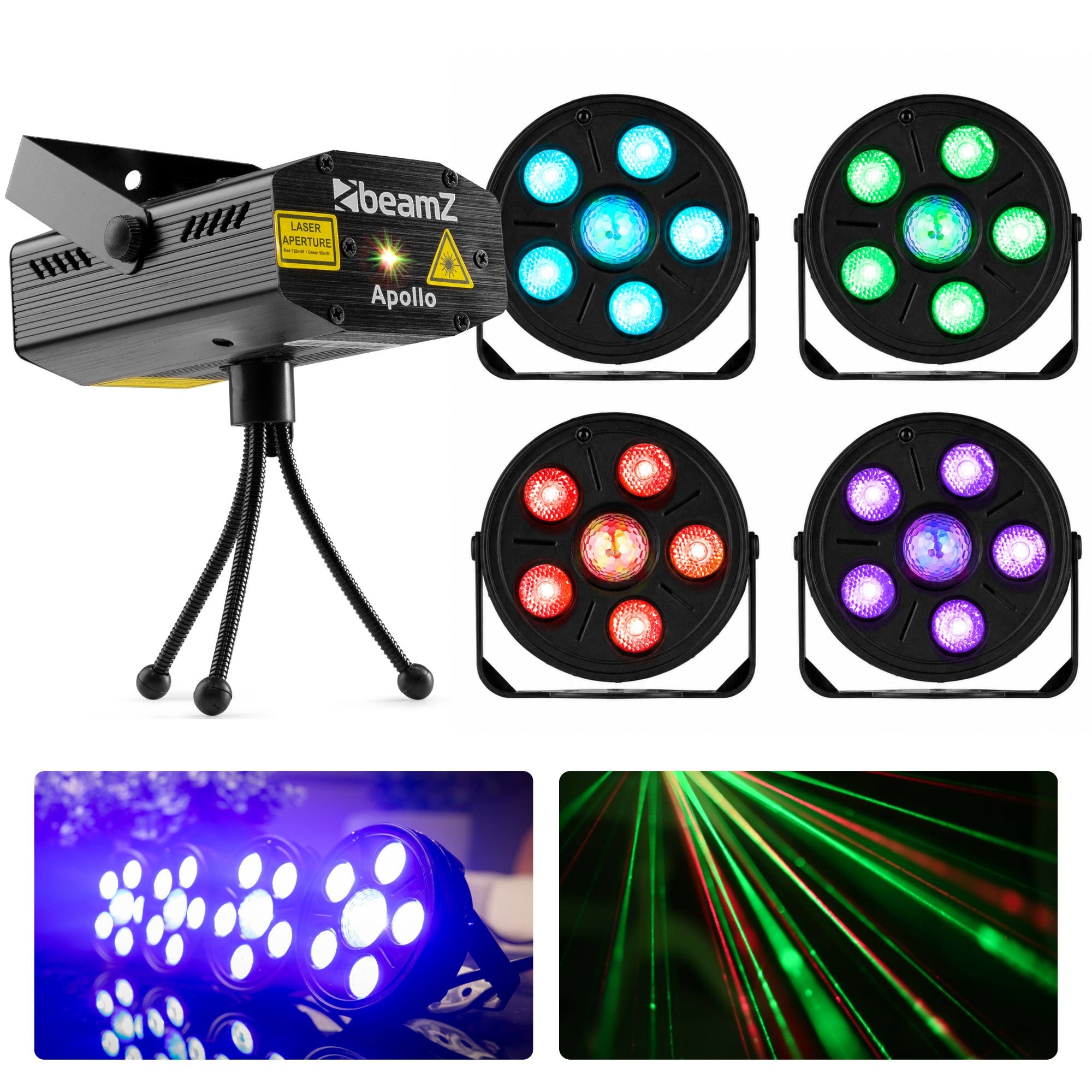 BeamZ huisfeest partyset - Met 4 discolampen en RGB laser - Ideaal voor kinderfeestjes - Pakket S
