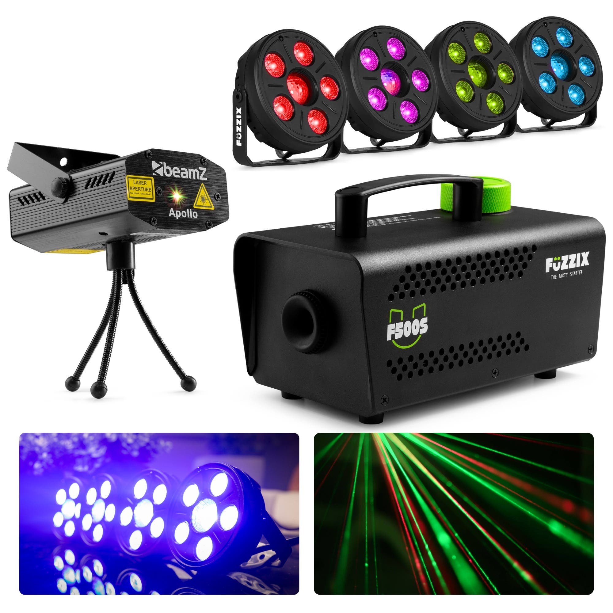 BeamZ huisfeest partyset - 4 Lampen, laser en rookmachine - Ideaal voor kinderfeestjes - Pakket M