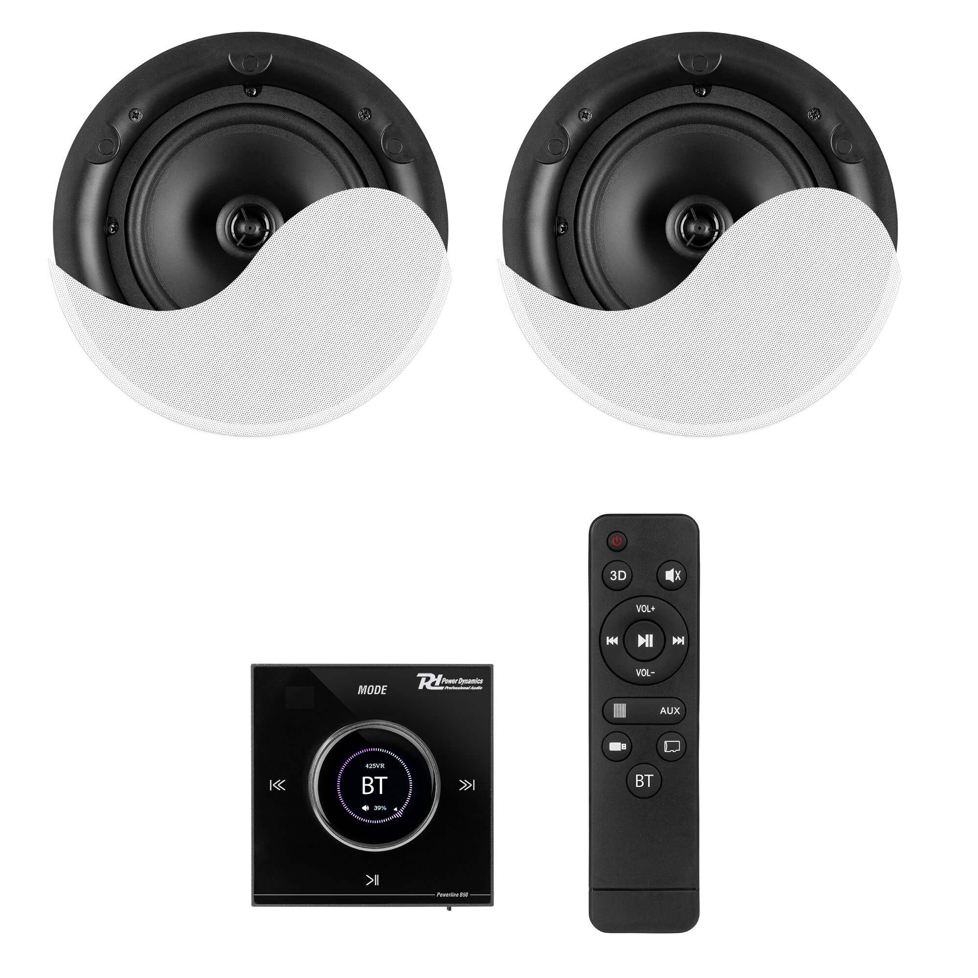 Retourdeal - Power Dynamics Powerline B50BSet inbouw versterker met 2 plafondspeakers - 6.5 inch - 2x 25W