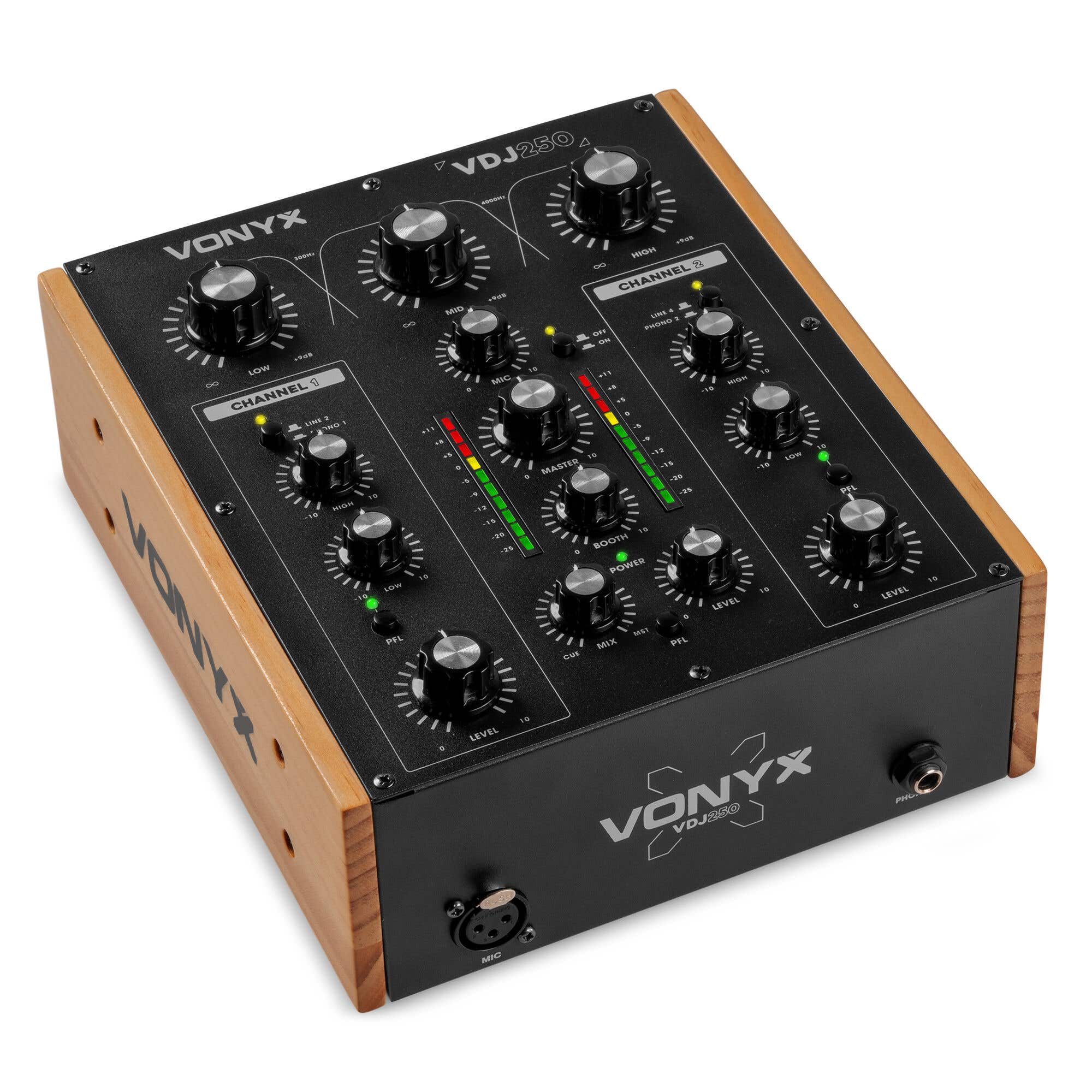 Retourdeal - Vonyx VDJ250 Rotary mixer - 2 kanaals mengpaneel - Analoge mixer - 2-band EQ - Zwart/houtlook