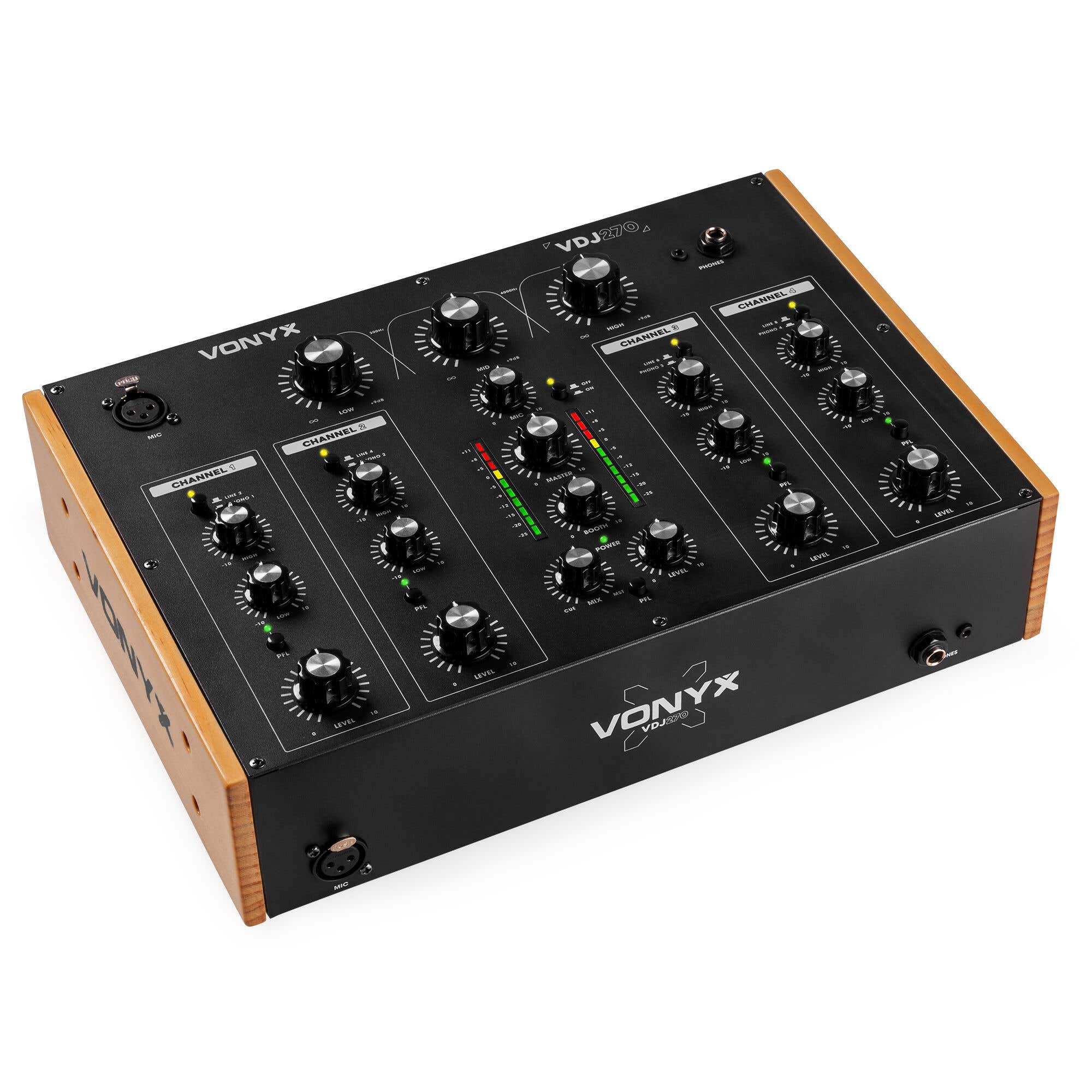 Vonyx VDJ270 Rotary mixer - 4 kanaals mengpaneel - Analoge mixer - 2-band EQ - Zwart/houtlook