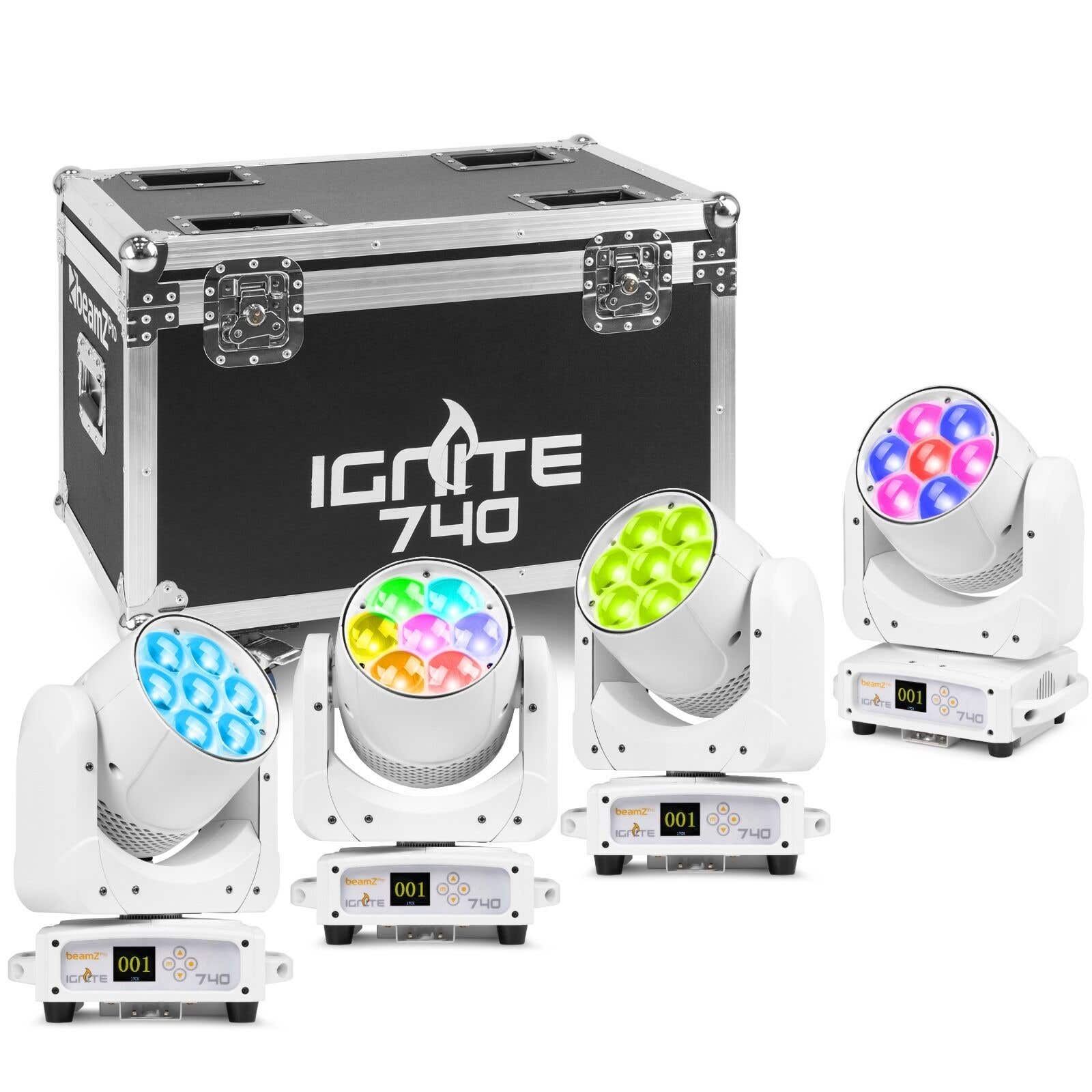 BeamZ Professional IGNITE740WH wash moving head set - Set van 4 stuks in flightcase - Wash moving heads - RGBW