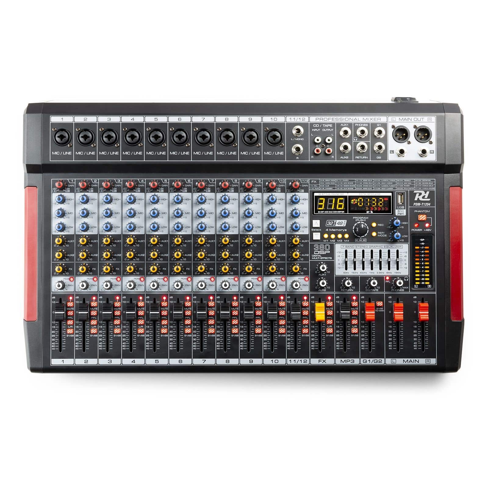 Power Dynamics PDM-T1204 - 12-kanaals mengtafel met Bluetooth, 380 effecten, mp3 speler en meer