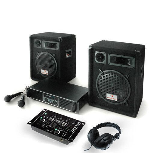 media foto hardware Complete DJ Starter Set 400W - PA Boxen, Versterker, mixer, Mic en Headset