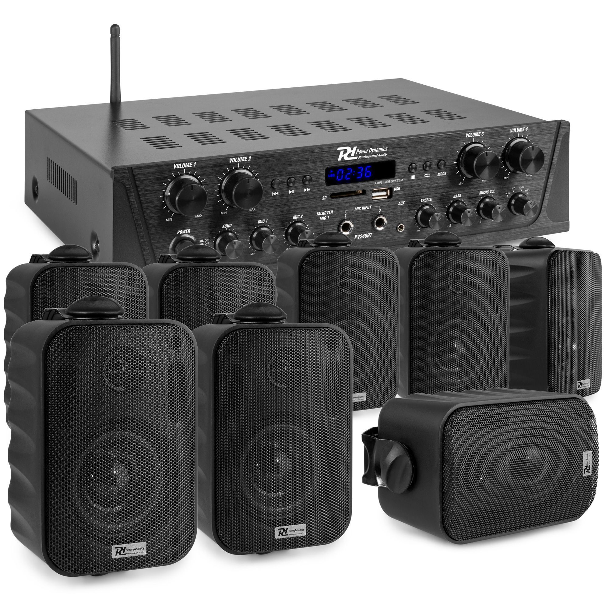 Power Dynamics PV240BT geluidsinstallatie - 8 BGO30 zwarte opbouw speakers - stereo versterker - kopen?