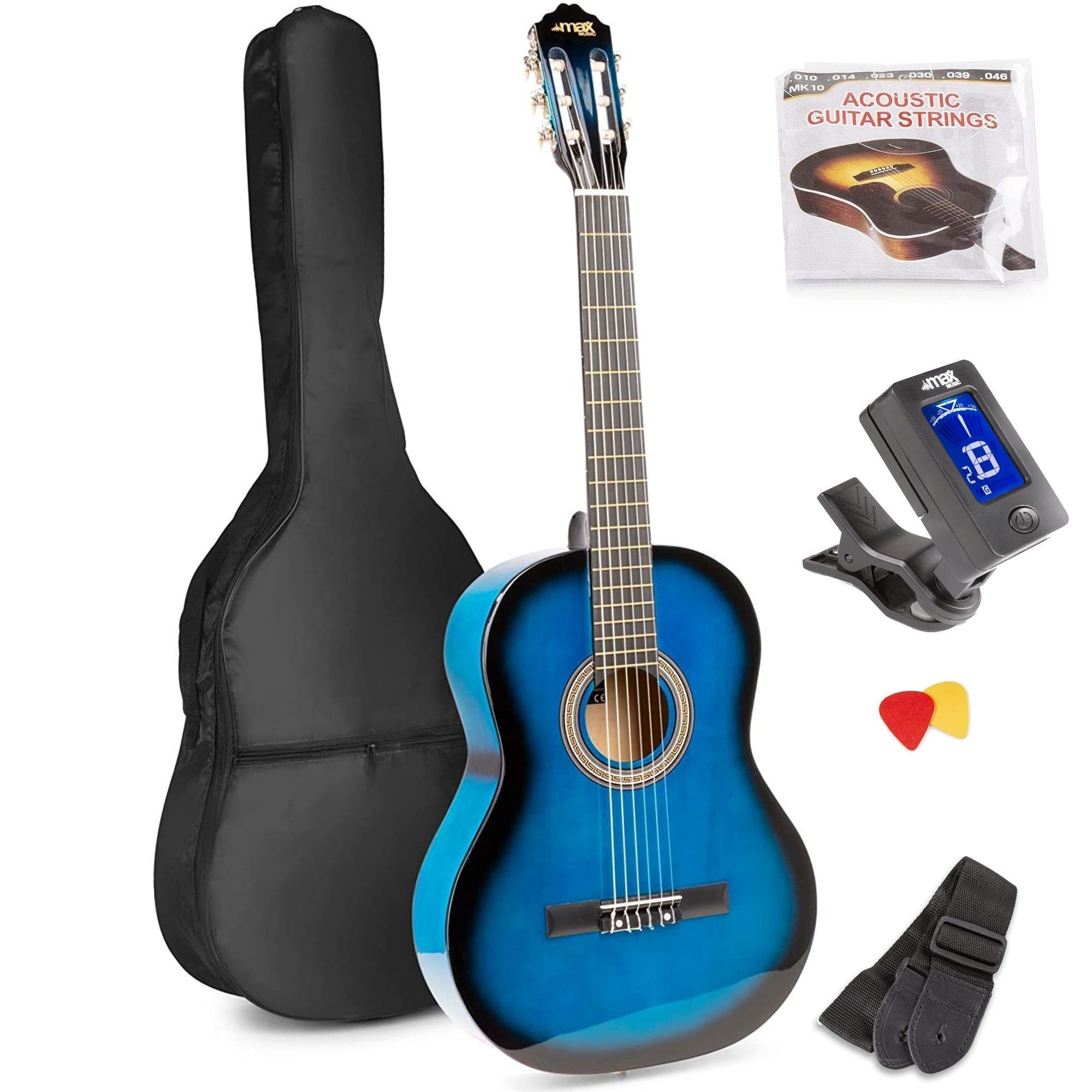Geplooid hout broeden MAX SoloArt klassieke akoestische gitaar (39") starterset - Blauw kopen?