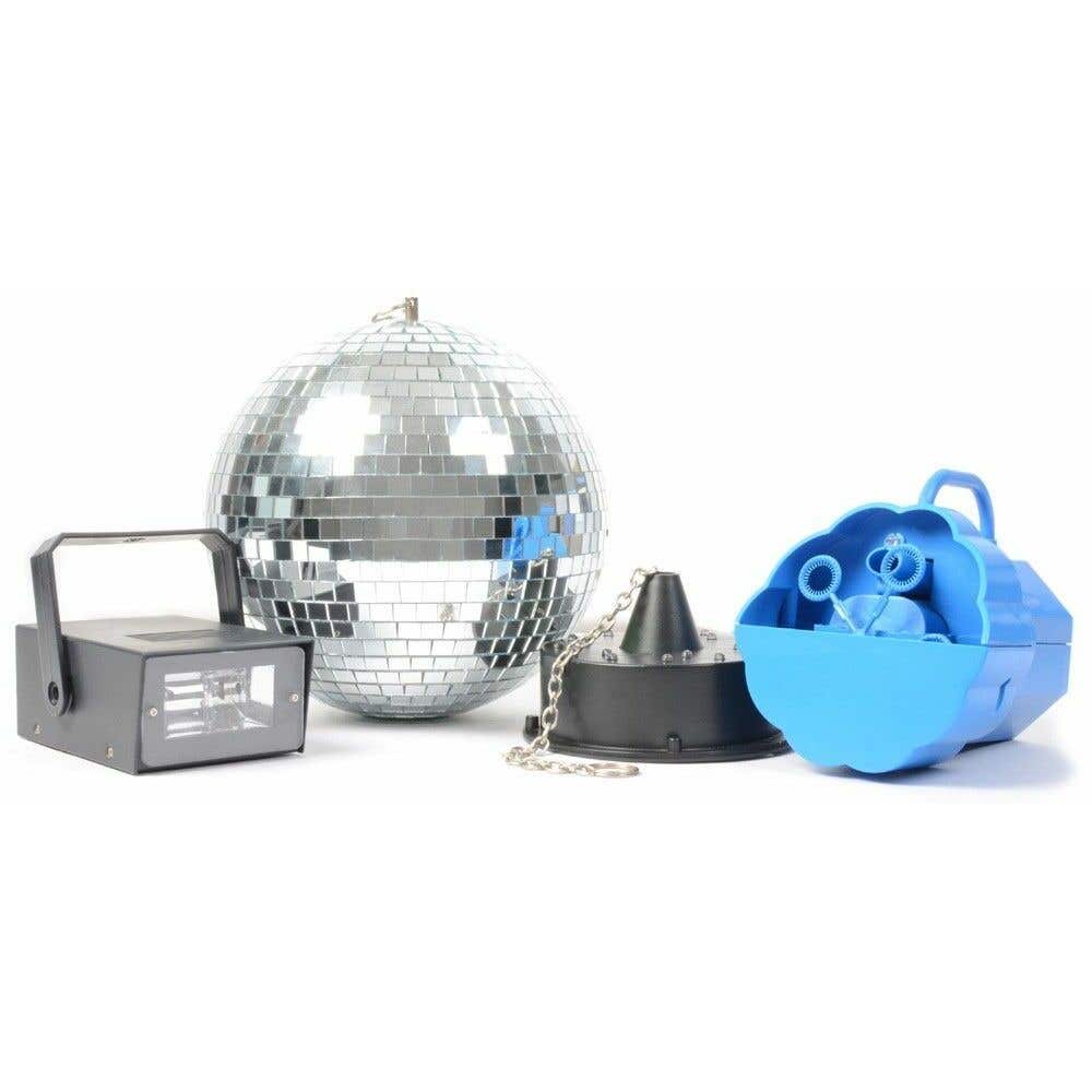 BeamZ Disco Set IV: Bellenblaasmachine, LED Stroboscoop en Spiegelbol met motor
