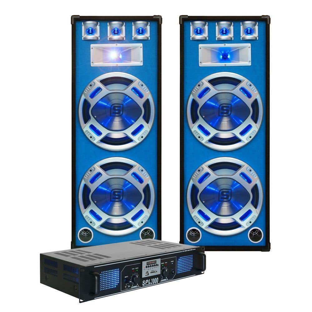 SkyTec blauw Complete 2000W DJ Set met PA Versterker en Disco Luidsprekers