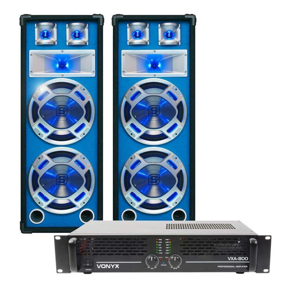 SkyTec DJ Set LED208 1200W PA Versterker met Disco Luidsprekers MKII