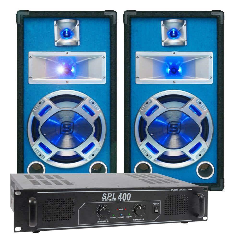 SkyTec blauw Complete 400W DJ Set met PA Versterker en Disco LED Luidsprekers