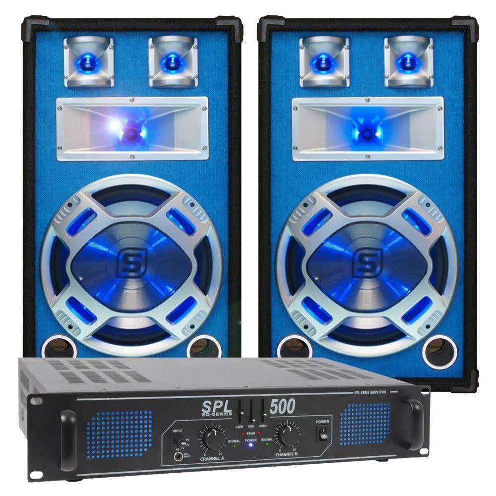 SkyTec blauw Complete 500W DJ Set met PA Versterker en Disco LED Luidsprekers