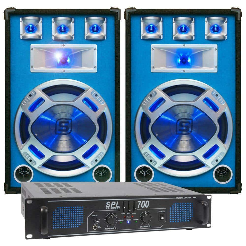 SkyTec blauw Complete 700W DJ Set met PA Versterker en Disco LED Luidsprekers