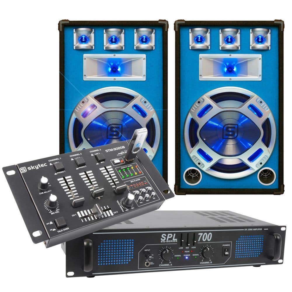 SkyTec blauw Complete 700W DJ Set met PA Versterker, Disco LED Luidsprekers en Mixer met USB MP3