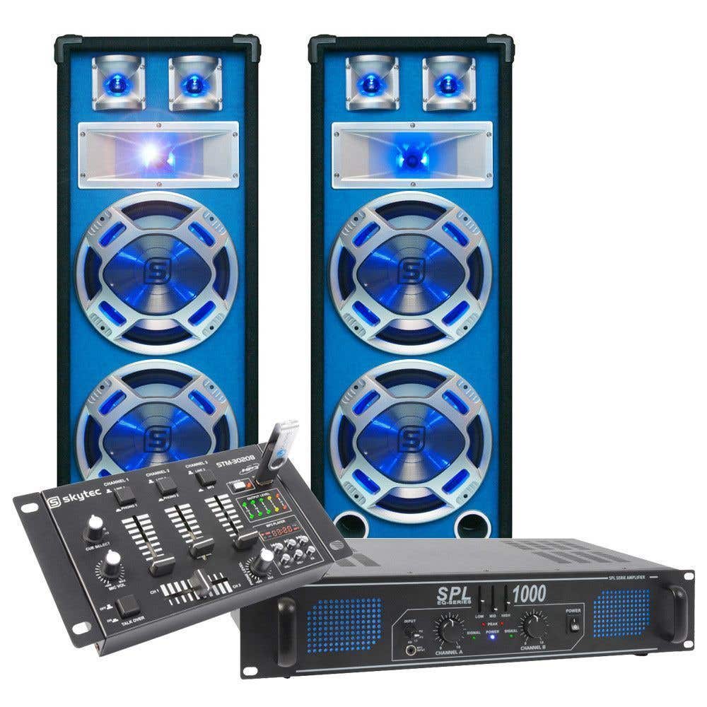 SkyTec blauw Complete 1000W DJ Set met PA Versterker, Disco LED Luidsprekers en Mixer met USB MP3