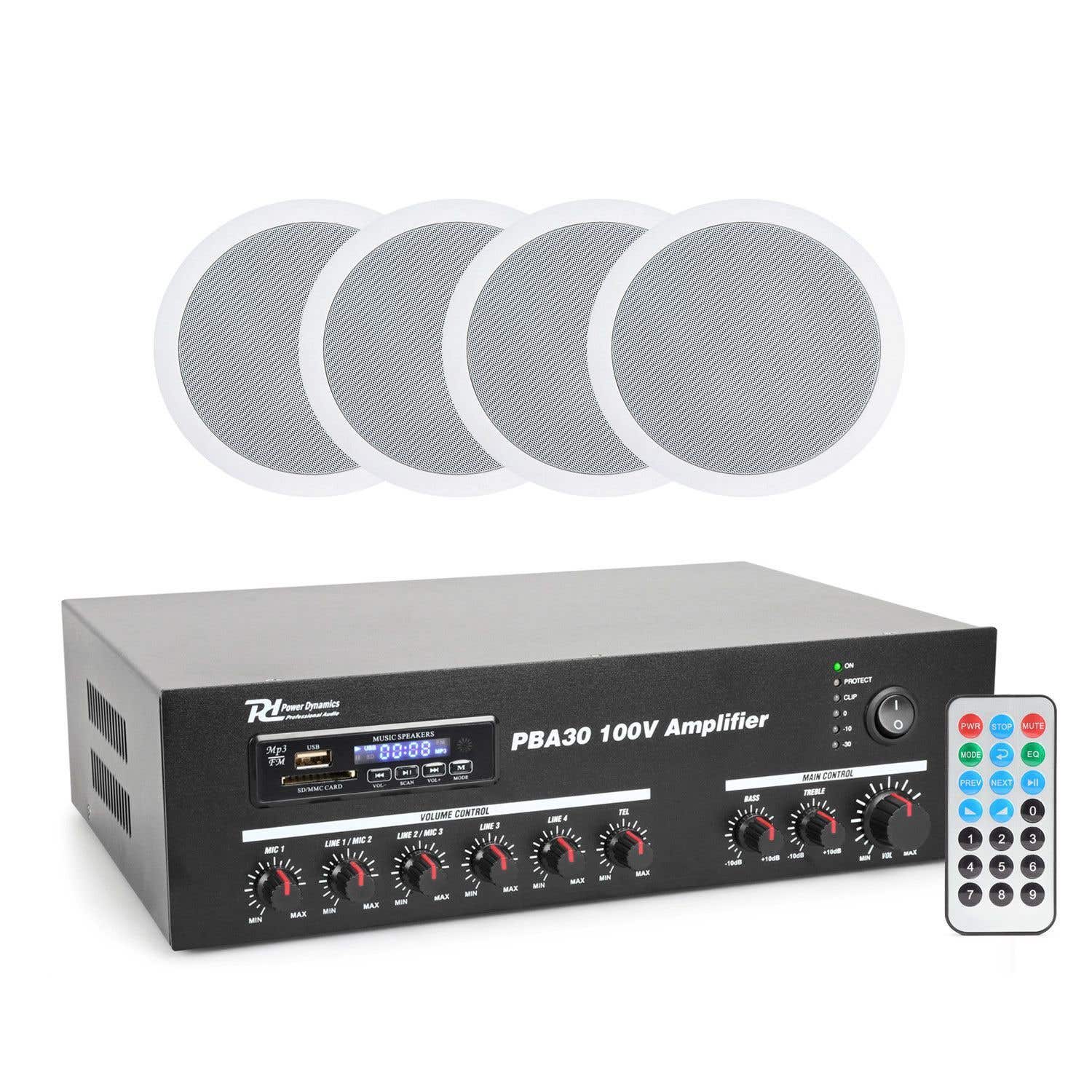 Power Dynamics 100V set met 4 witte plafondspeakers en versterker