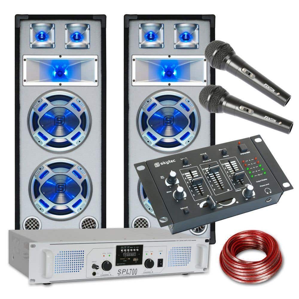 SkyTec Witte 1200W DJ Set met PA versterker, USB, FM Radio en Disco Luidsprekers met LED verlichting