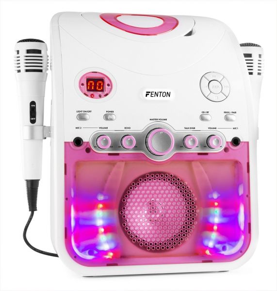 Fenton SBS20W karaoke set met Bluetooth, CD+G, microfoons, LED's en tv aansluiting - Wit/Roze