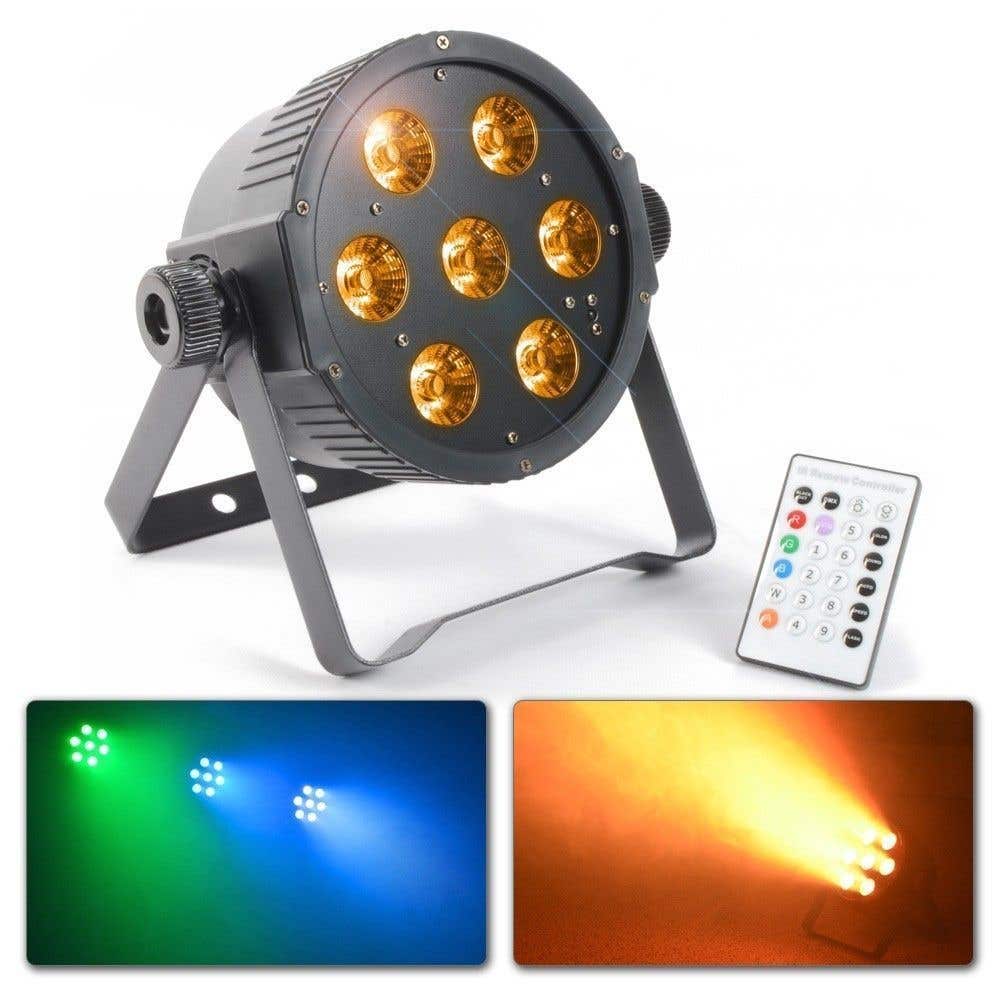 BeamZ RGBAW FlatPAR met 7x 15W LED's, DMX en IR afstandsbediening