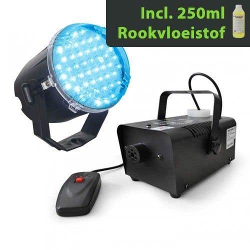 BeamZ LED Stroboscoop Blauw met S500 Rookmachine met vloeistof