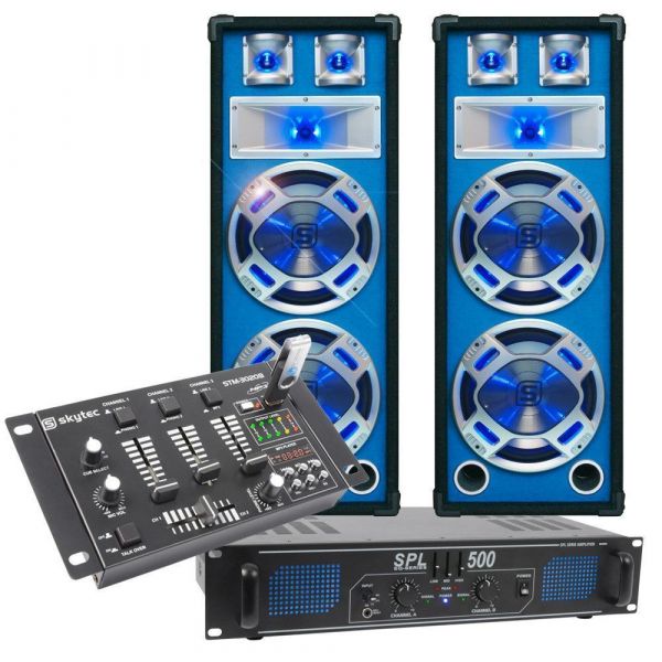 vloek monteren Scheermes SkyTec blauw Complete 500W DJ Set met PA Versterker, Disco LED Luidsprekers  en Mixer met USB MP3 kopen?