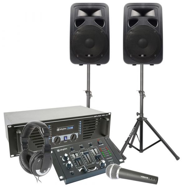 SkyTec 1000W PA Compleet met Speakers, Versterker, Mixer, Microfoon, Koptelefoon en statieven